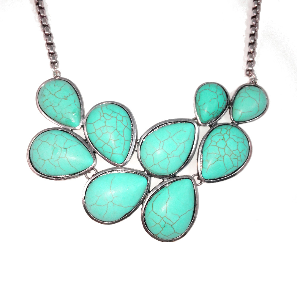 Turquoise Teardrop Stone Tibetan Silver Statement Bib Necklace